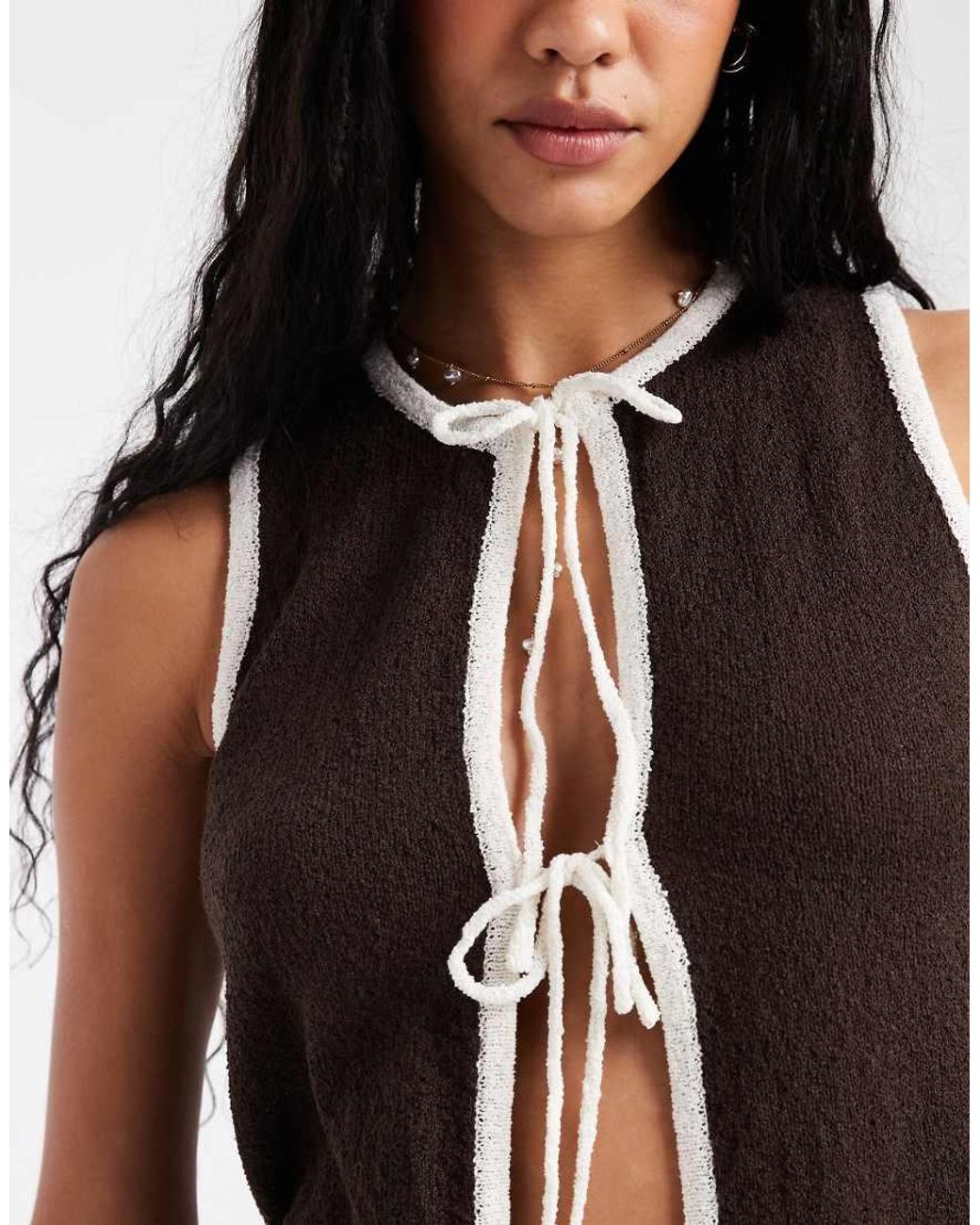 4th & Reckless Brown Knitted Contrast Trim Tie Front Beach Waistcoat Top Co-Ord