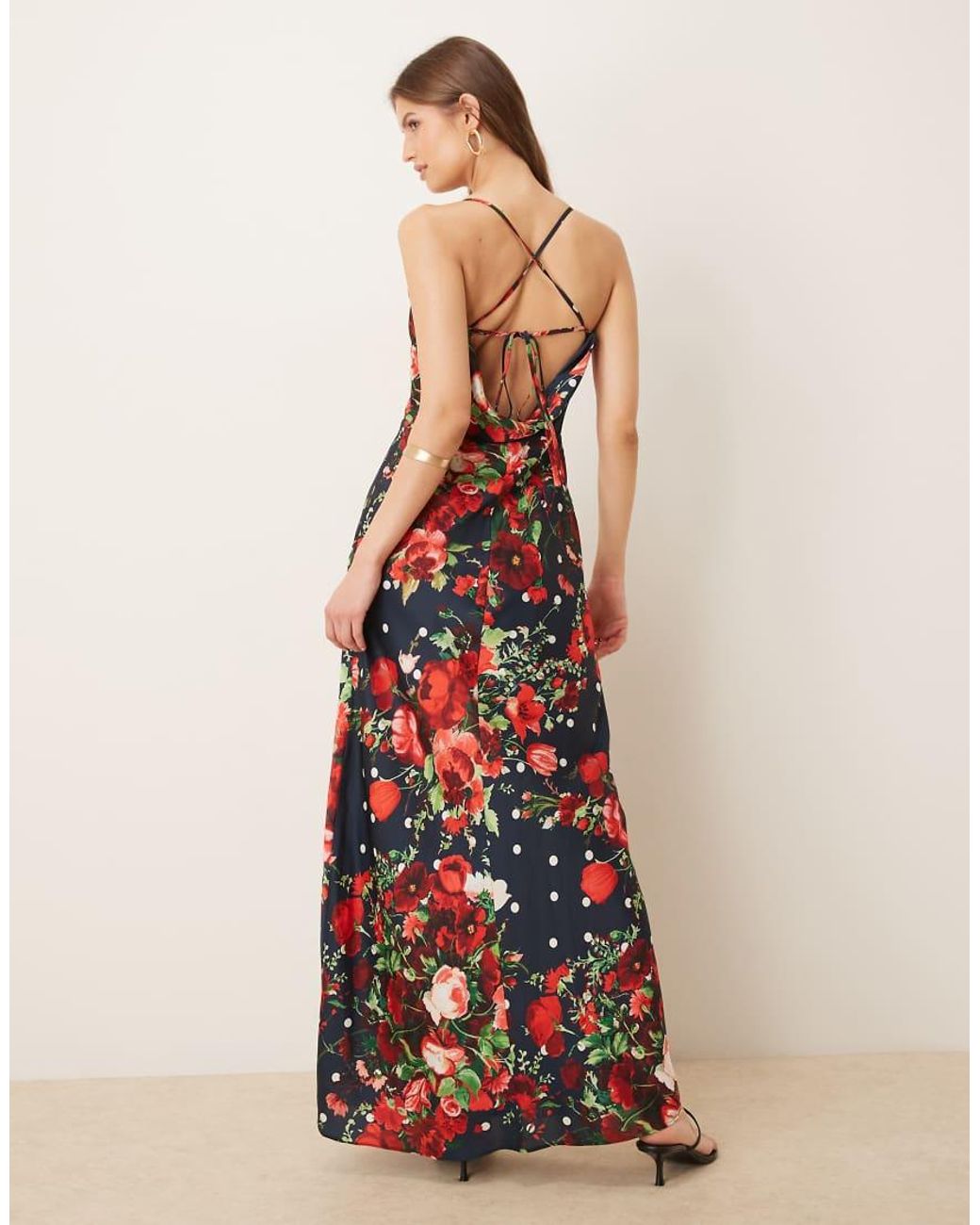 Hope & Ivy Natural Satin Cowl Neck Open Tie Back Thigh Split Maxi Dress