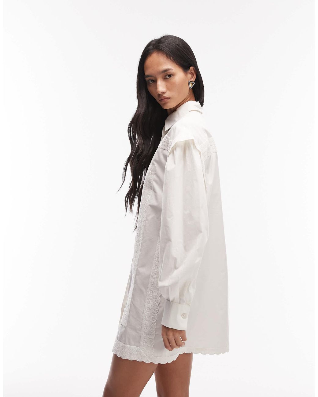 ASOS White Poplin Mini Shirt Dress With Lace Trim
