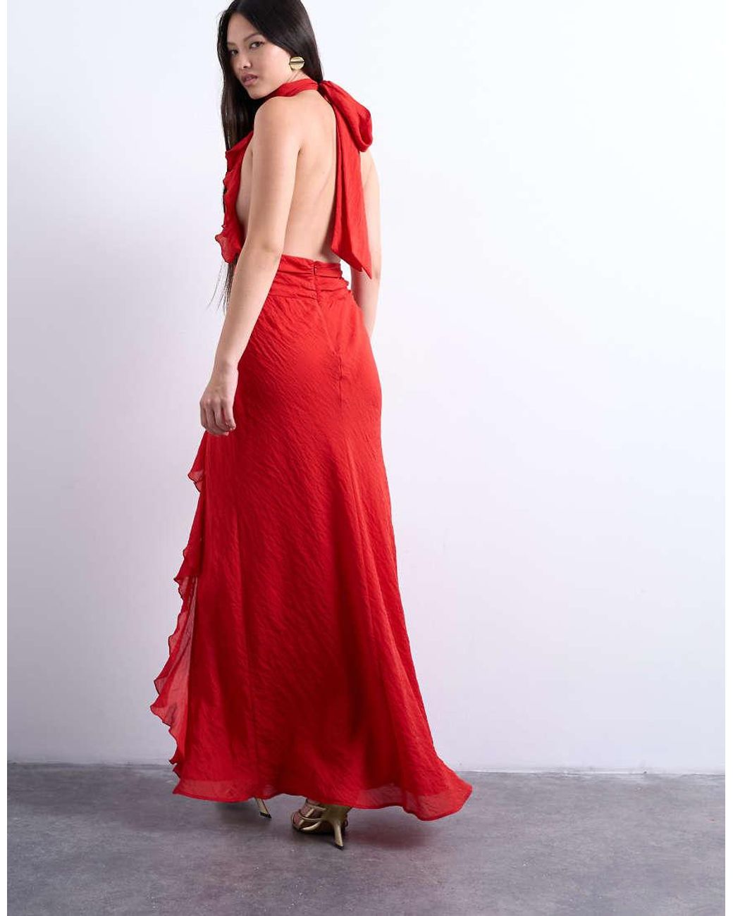 TOPSHOP Red Deep Plunge Ruffle Maxi Gown