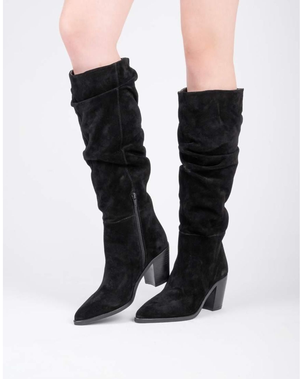 OFF THE HOOK Black Muswell Suede Leather Slouchy Knee-High Block Heel Boots