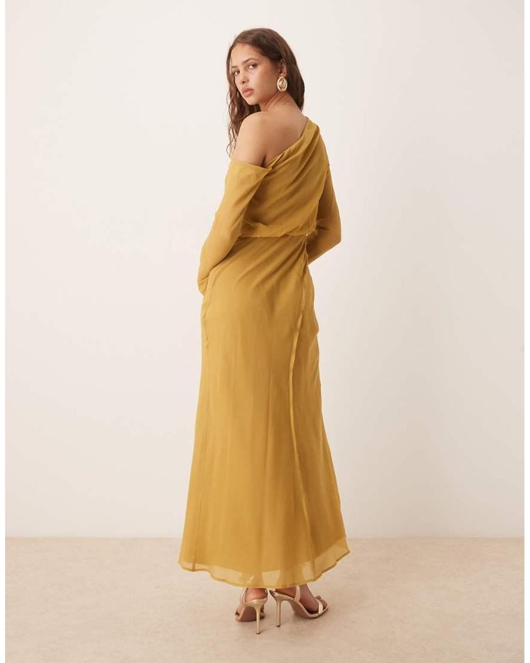 ASOS Natural Fallen Shoulder Midi Dress With Seaming Details And Tie Belt