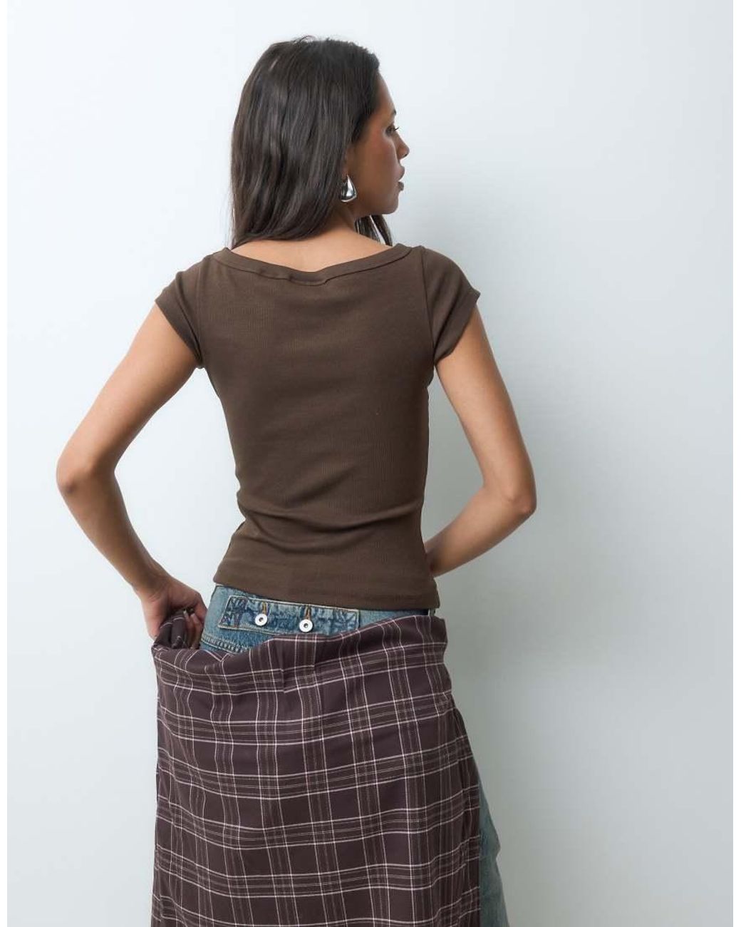 JJXX Brown Ribbed Boat Neck Tee