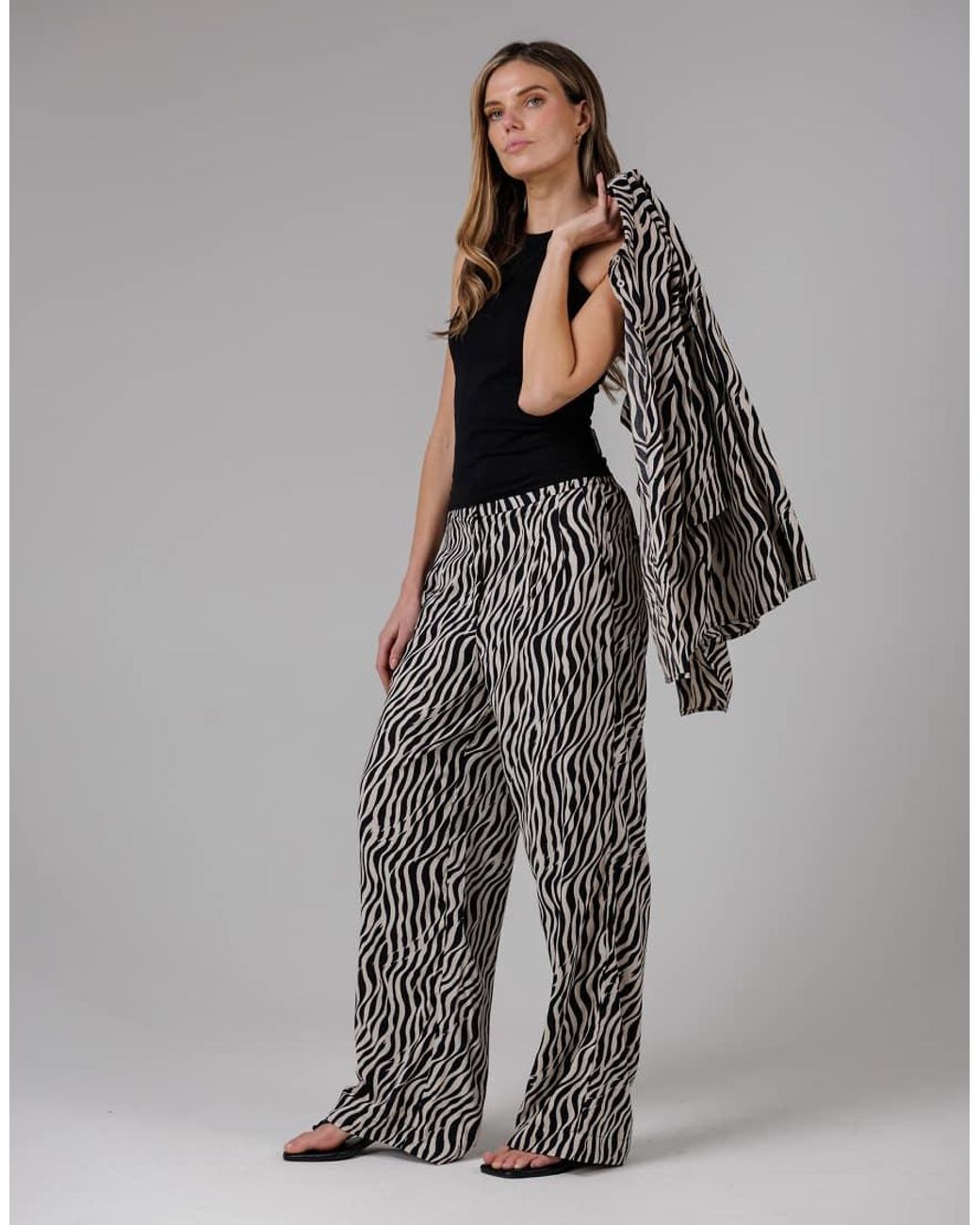French Connection Black Tiger Print Wide Leg Relaxed Fit Trousers