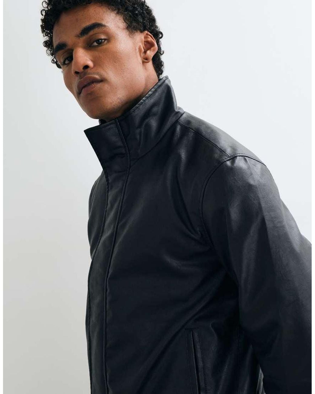 Jack & Jones Blue High Neck Pu Leather Jacket for men