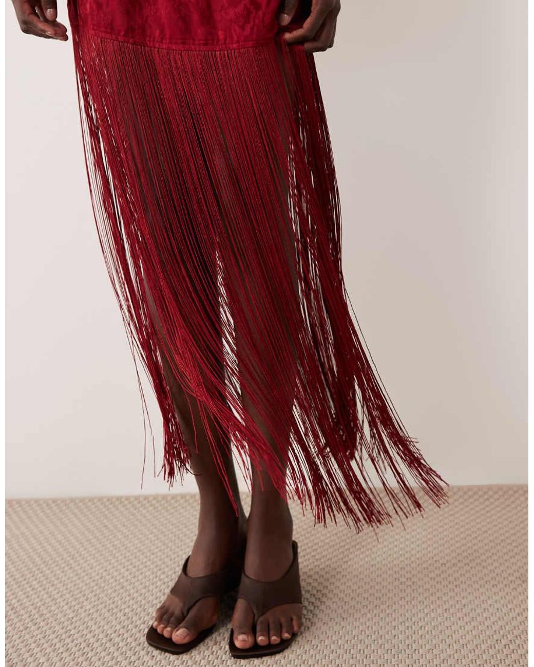 Ghospell Red Sleeveless Fringe Mini Dress With Tie Back Detail