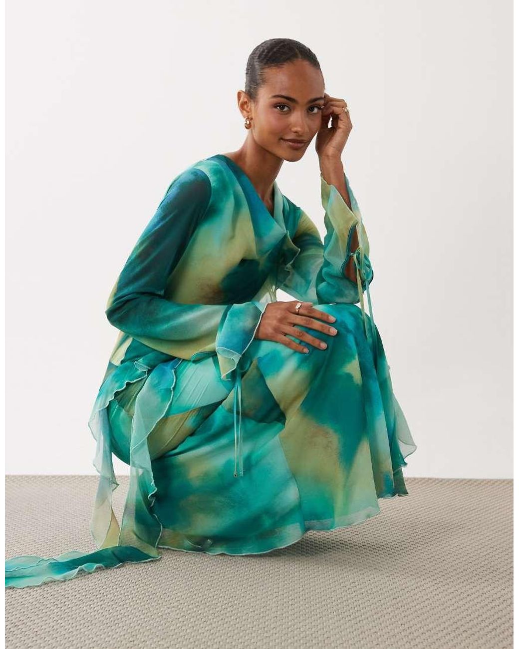 DASKA Green Chiffon High Cowl Neck Frill Detail Maxi Dress