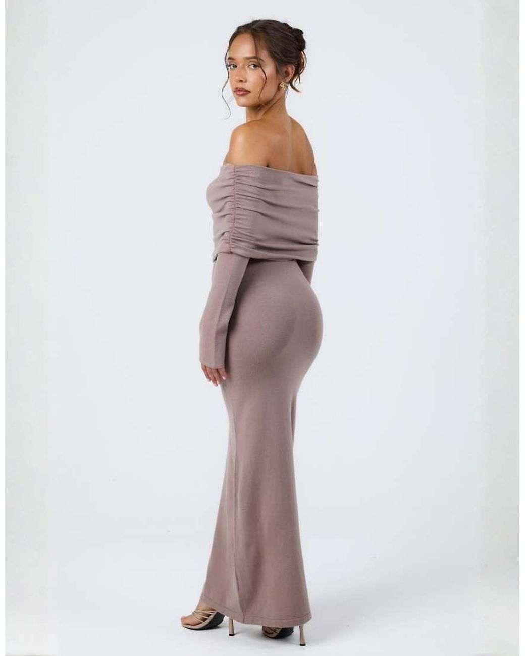 Aria Cove Purple Knit Ruched Deep Bardot Maxi Dress
