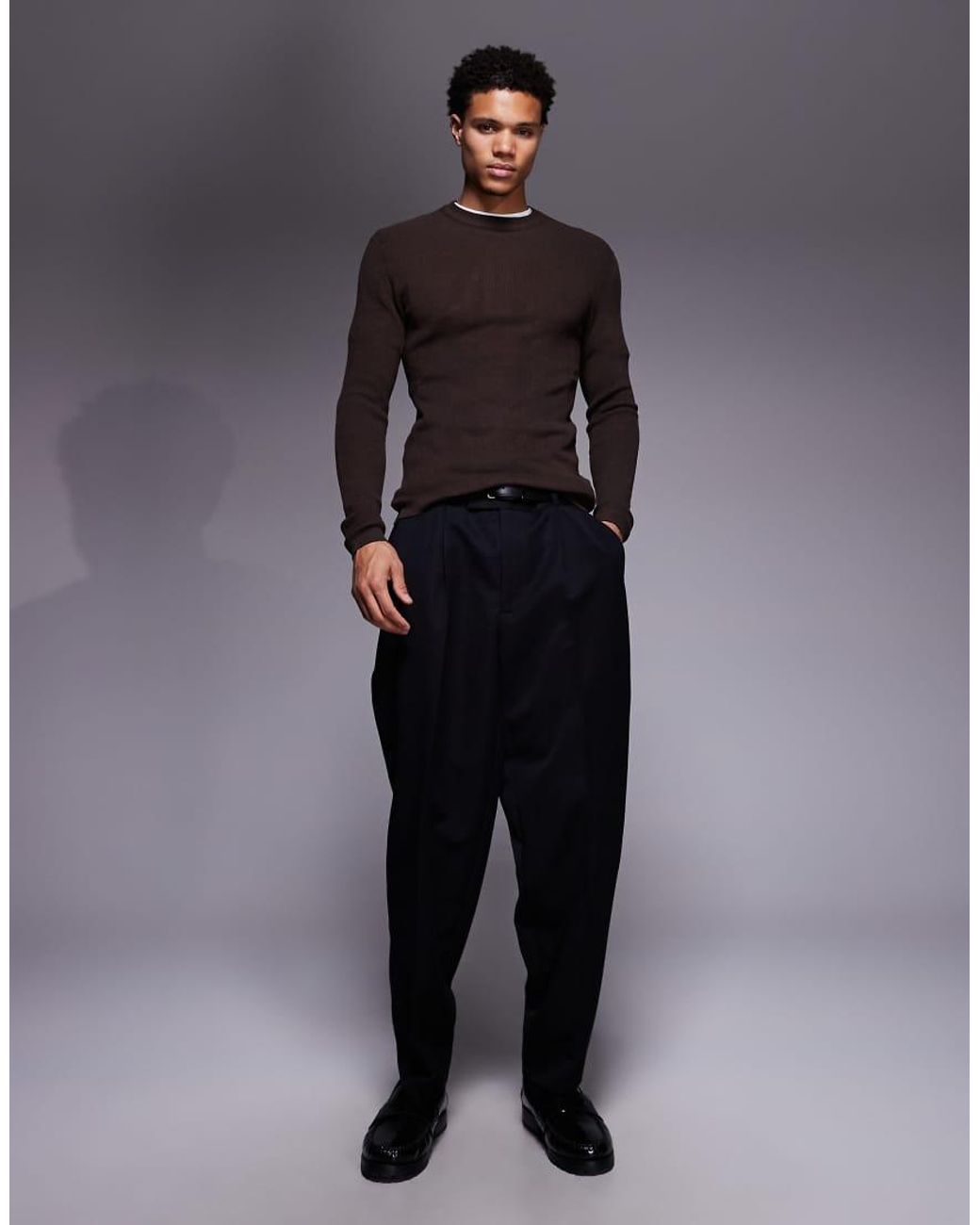 ASOS Muscle Fit Gebreid T-Shirt Met Ronde Hals En Lange Mouwen in het Gray voor heren