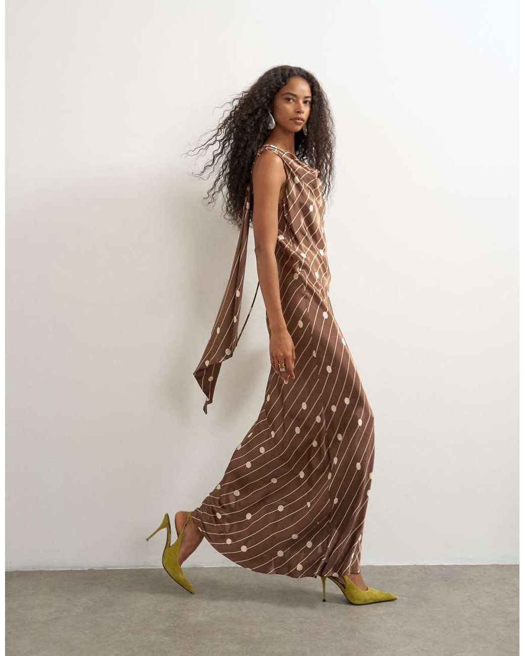 TOPSHOP Brown Satin Polka Dot Asymmetric Maxi Dress