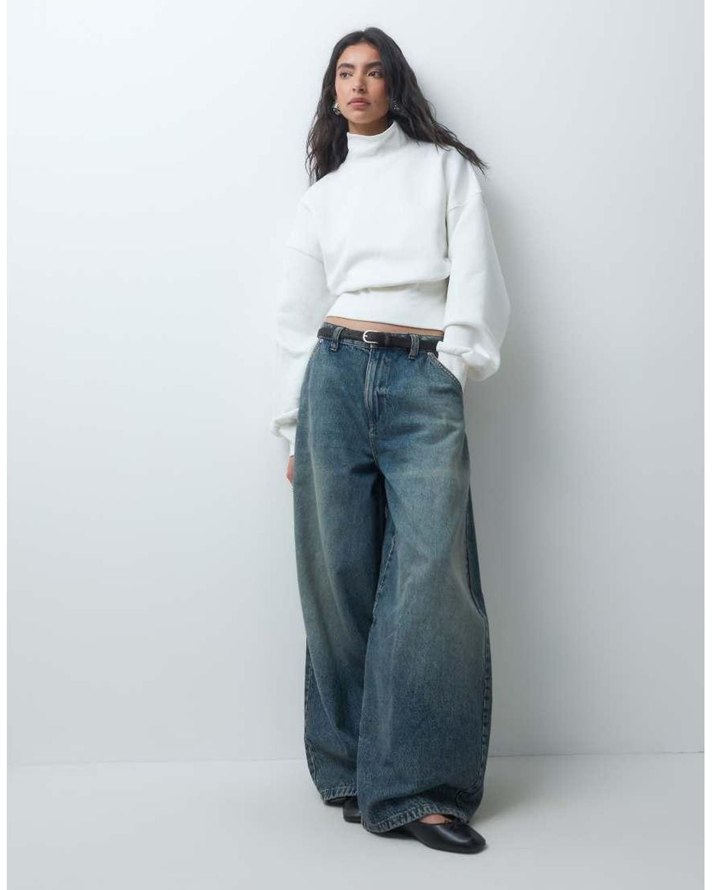 ASOS Gray Funnel Neck Cinched Waist Brushback Sweatshirt