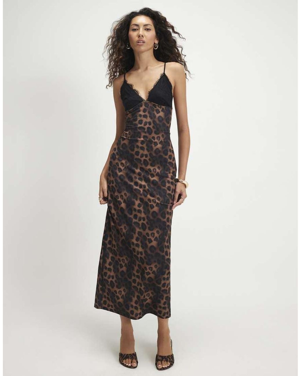 River Island Natural Lace Trim Leopard Print Midi Dress