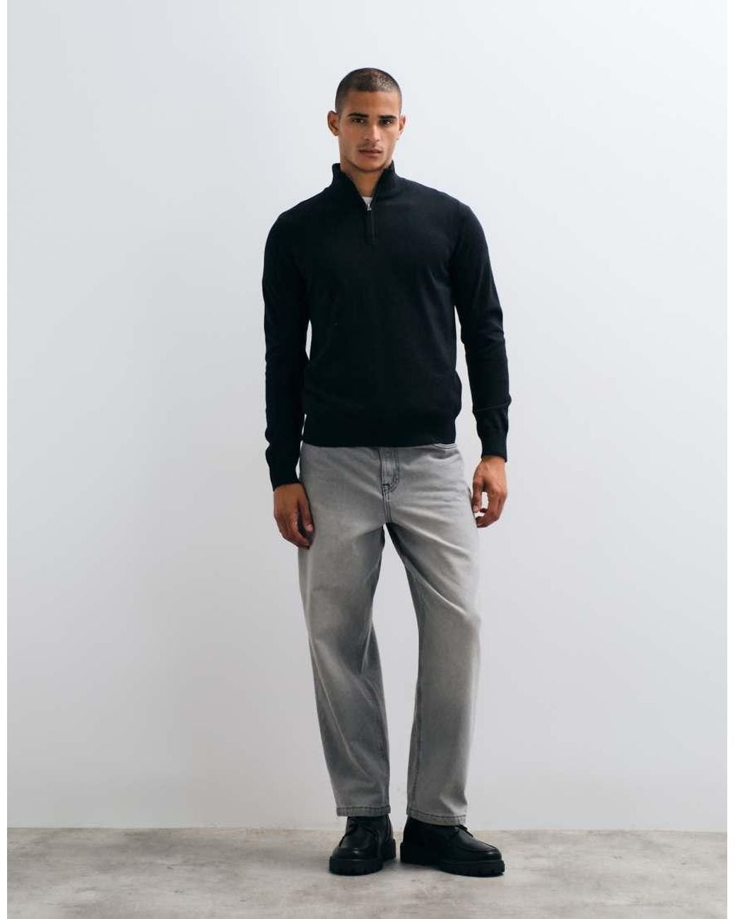 Threadbare Blue Knitted Quarter Zip Jumper for men