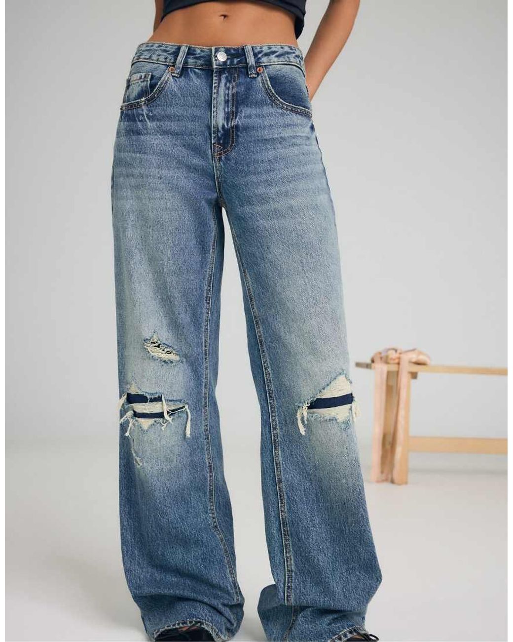 Stradivarius Blue D92 Straight Wide-Leg Jeans