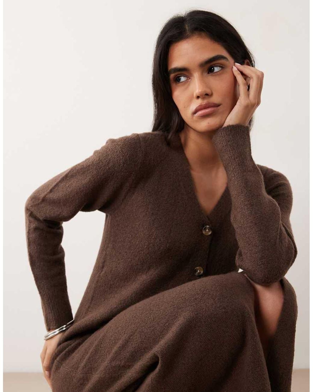 Vila Brown Long Sleeve Button Front Knit Maxi Dress