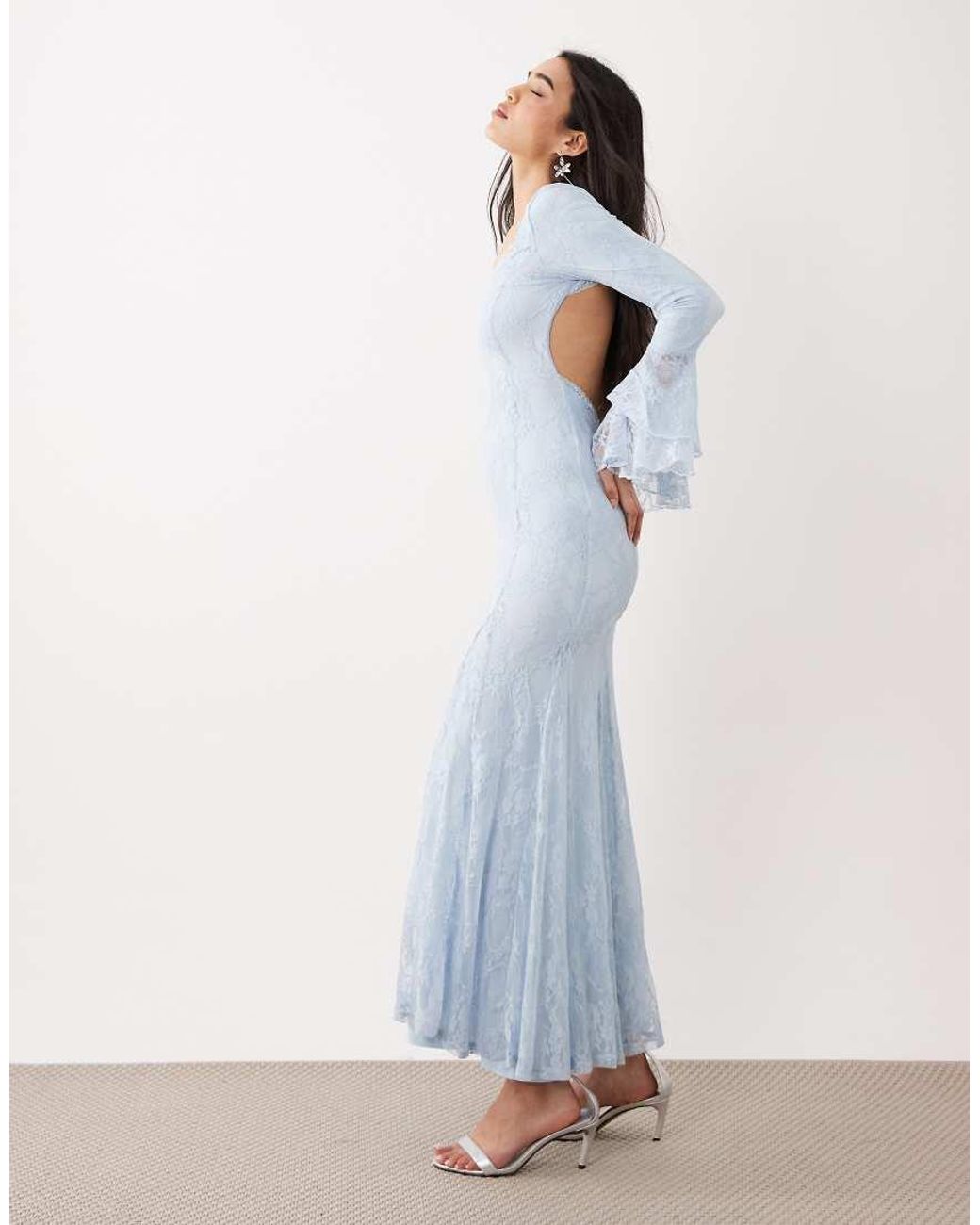 ASOS Blue Lace Maxi Dress With Godet Inserts And Flute Sleeve