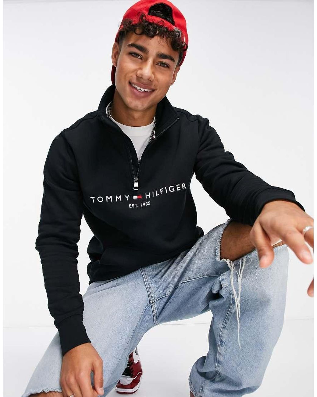 Tommy Hilfiger Black Embroidered Flag Logo Half Zip Sweatshirt for men