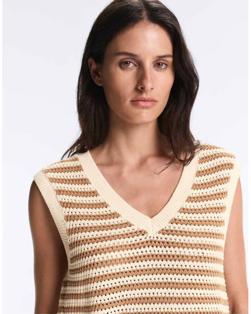 Oysho Natural Striped V-neck Knit Vest