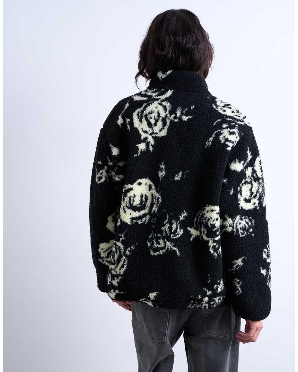 TOPSHOP Blue Mono Floral Print Fleece Borg Jacket