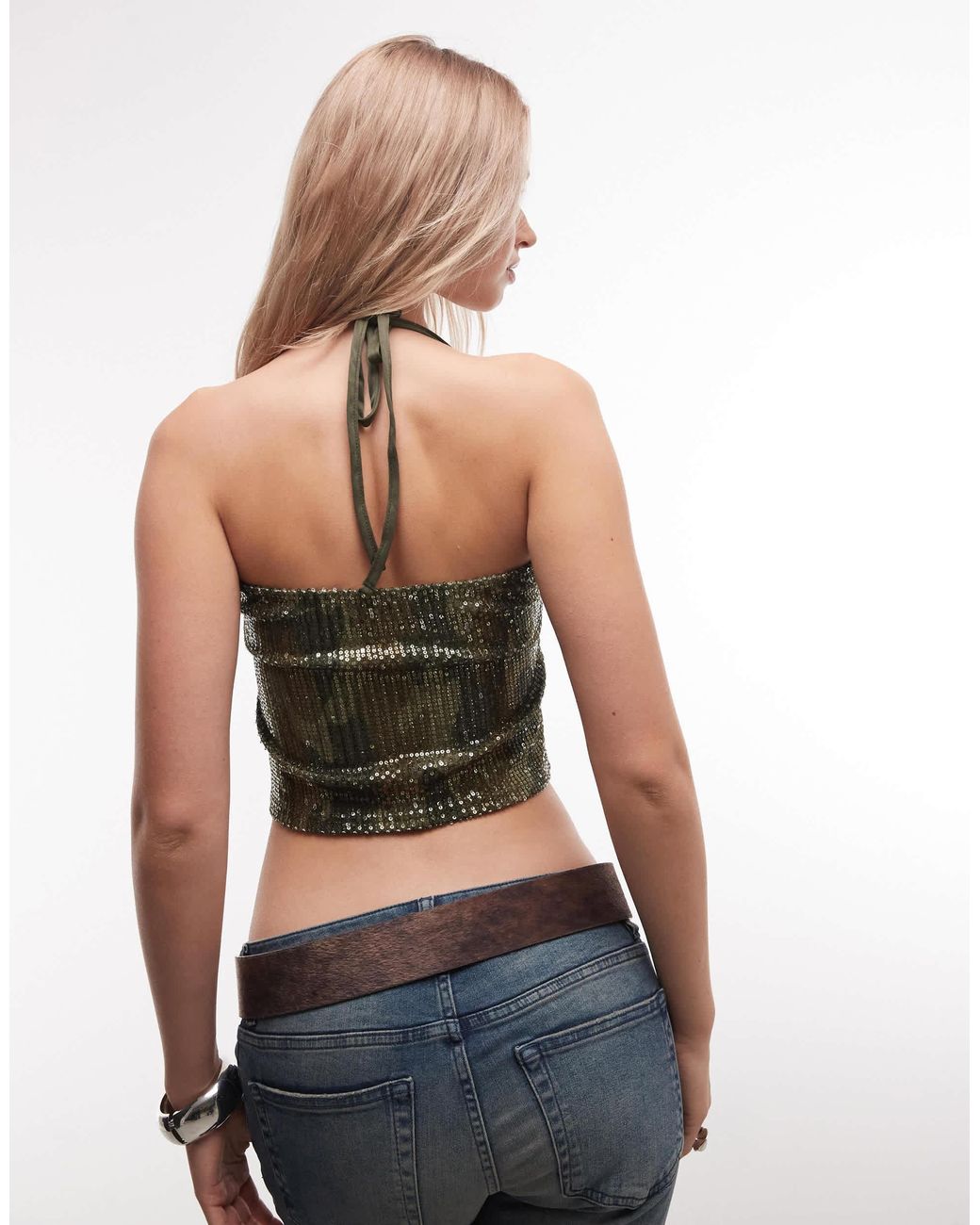 Collusion Green Sequin Halter Neck Top