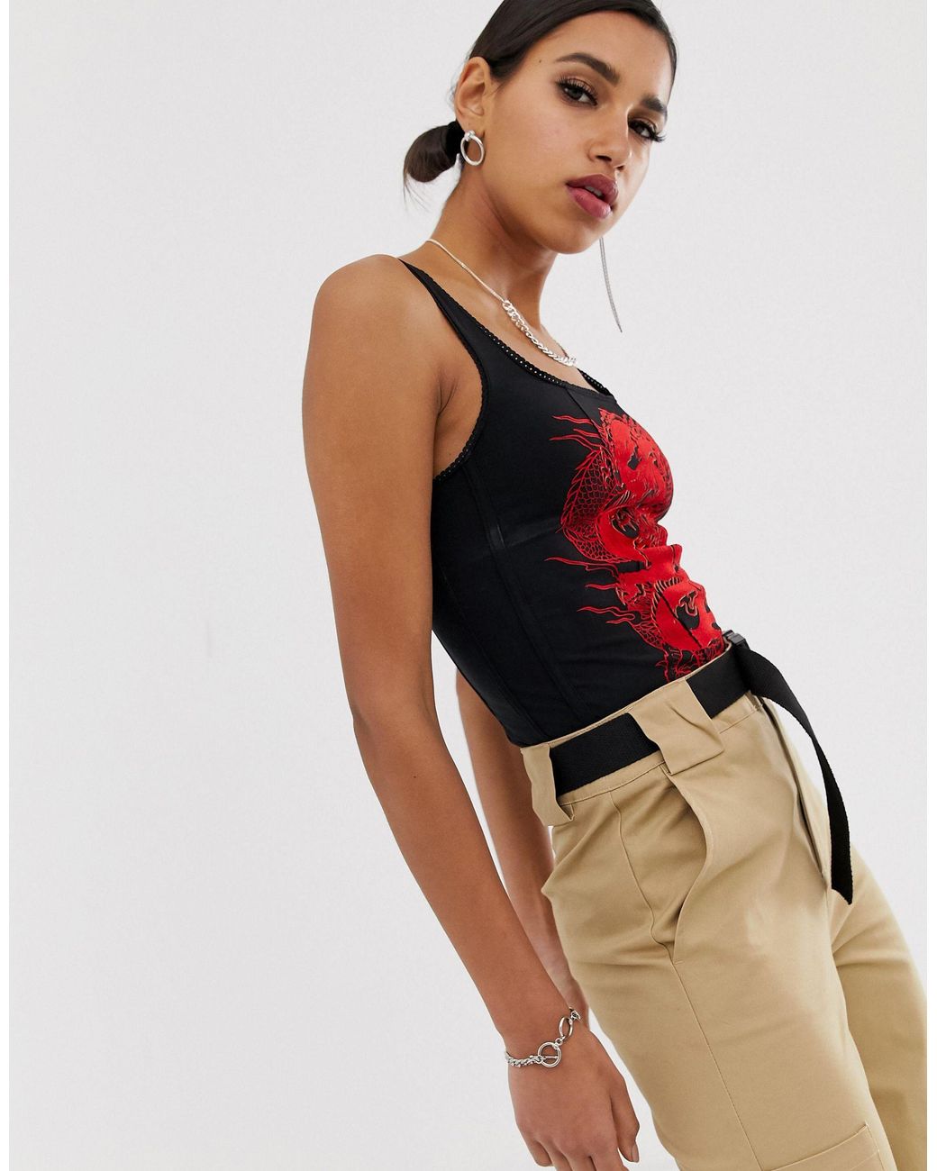 Jaded London Structured Corset Top With Lace Up Back And Flocked Dragon  Print in Black