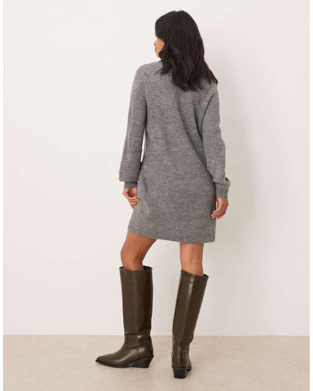 JDY Petite Gray V-neck Knitted Mini Dress