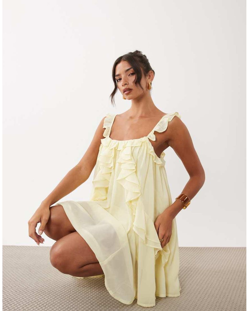 Y.A.S Natural Chiffon Ruffle Trim Cami Mini Dress