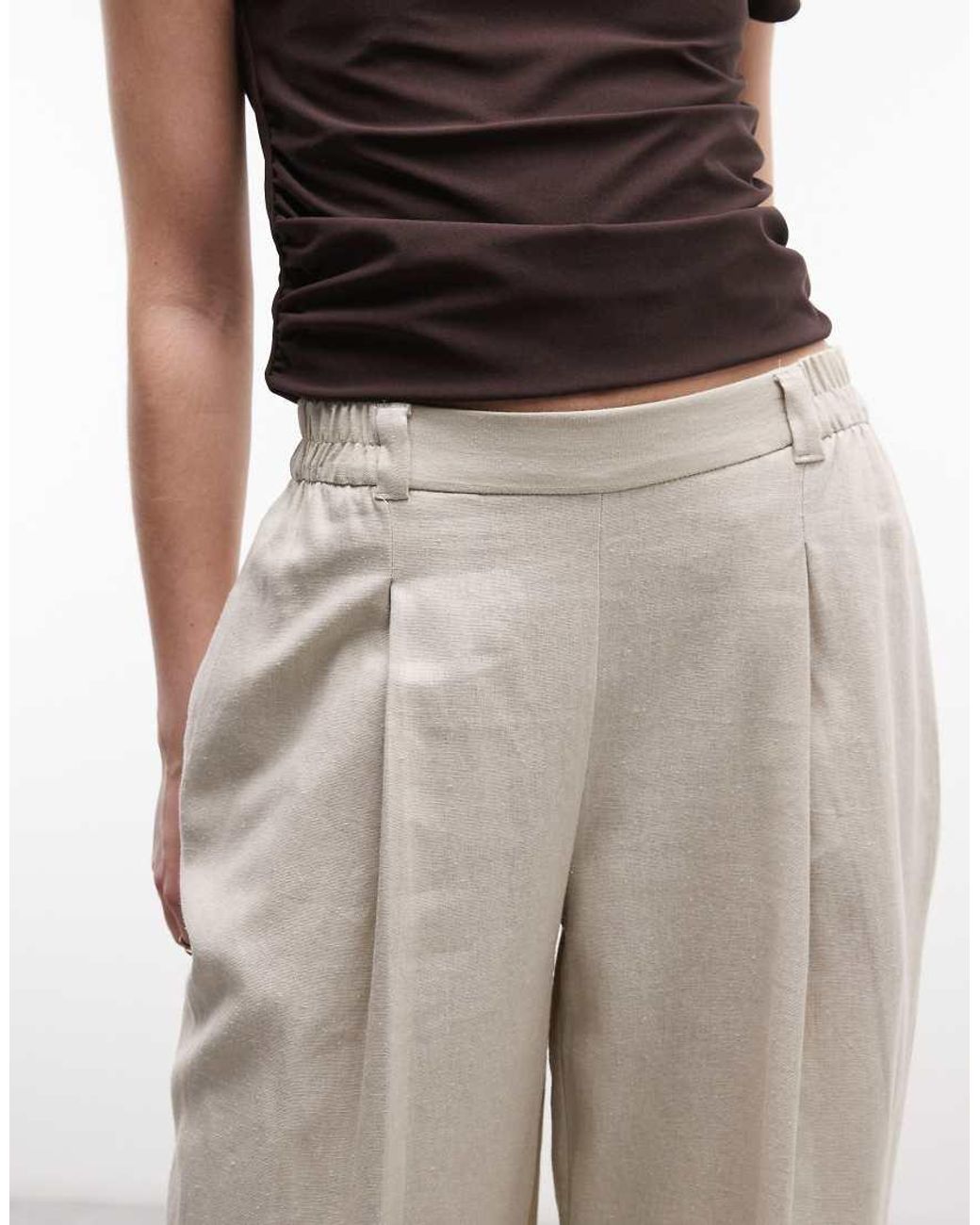River Island Brown Linen Blend Elasticated Waist Wide Leg Trouser