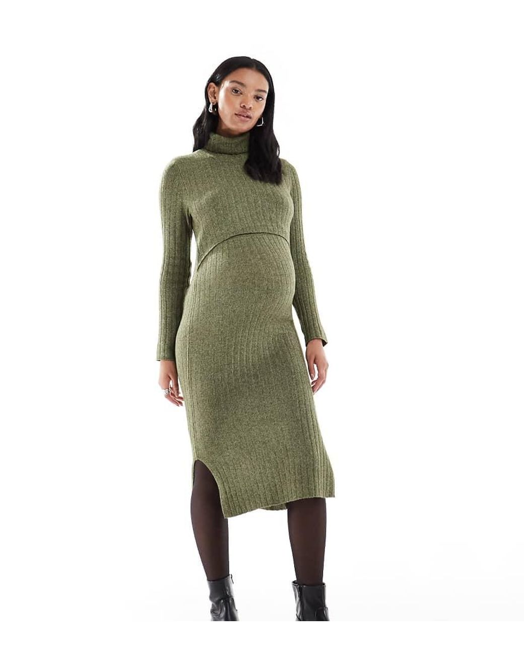 Mama.licious Green Mamalicious Maternity Soft Knitted Rib Midi Dress With Nursing Function