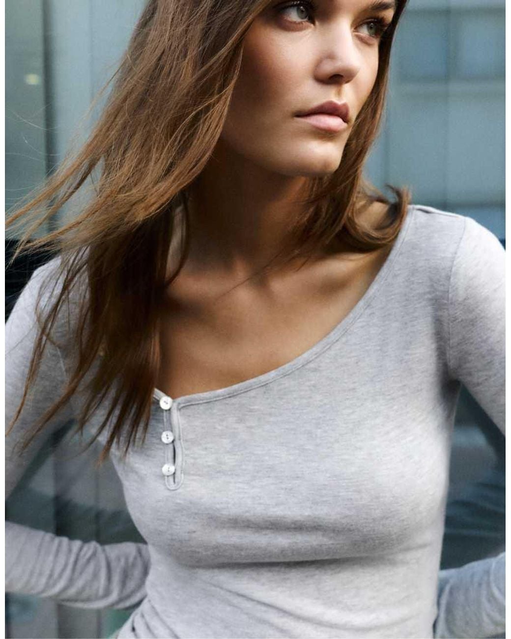 Pull&Bear Gray Asymmetric Neckline Top With Buttons