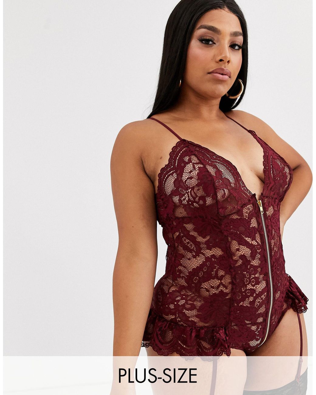 Ann Summers Curve Taylor Lace Zip Front Bodysuit With Suspenders in Red |  Lyst Australia