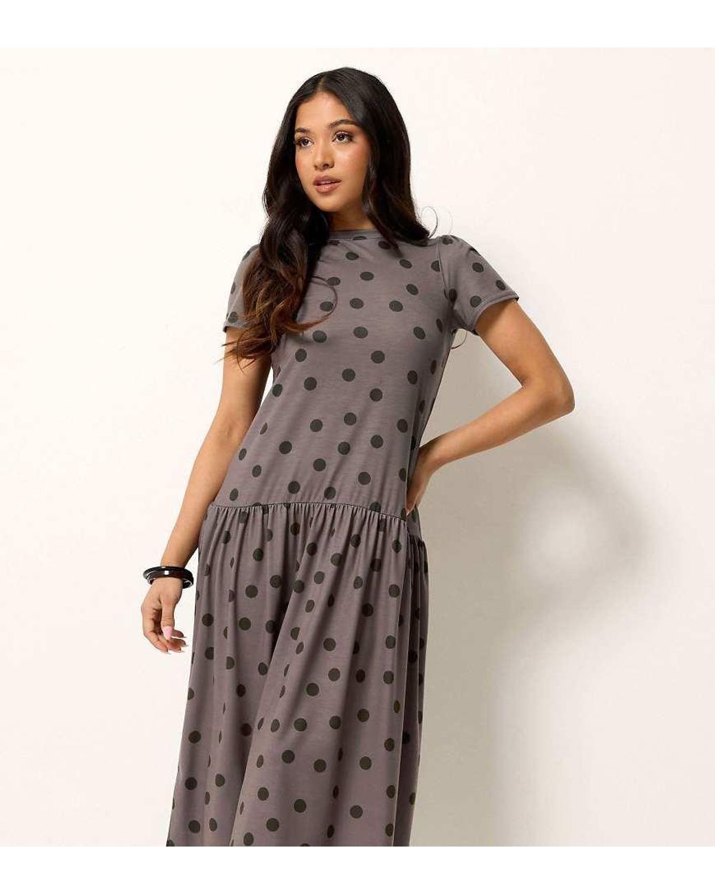 PixieGirl Brown Petite Polka Dot Drop Waist Maxi Dress