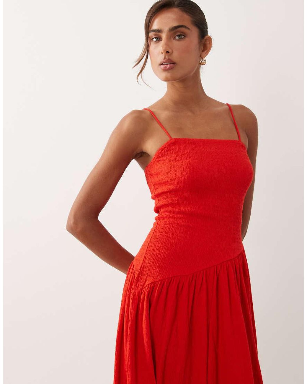 ASOS Red Crinkle Cami Tie Back Midi Dress With Asym Waist