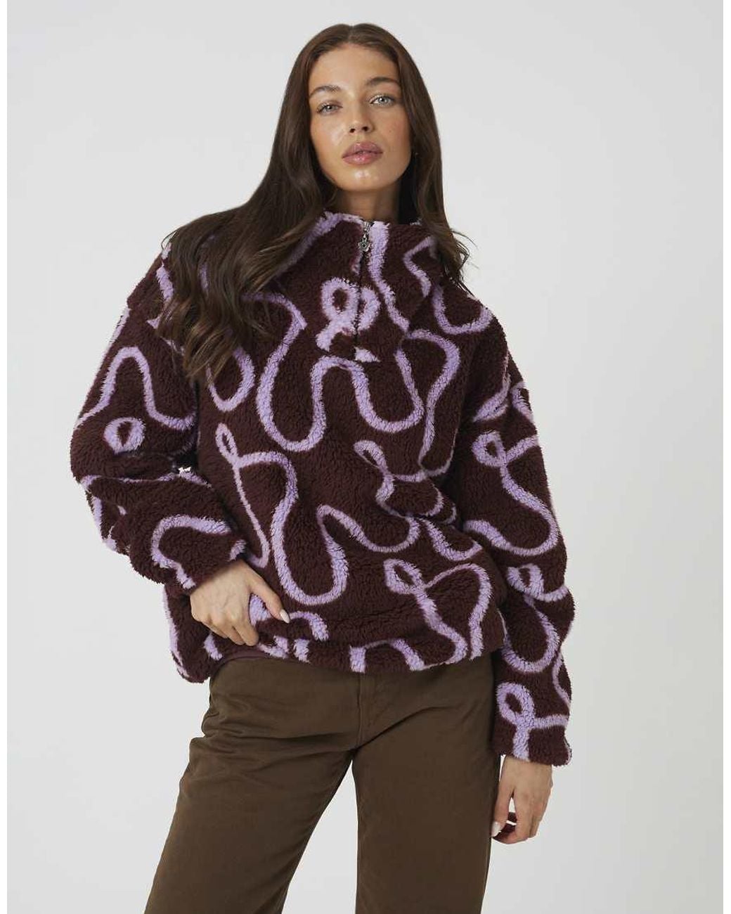 Brave Soul Purple Sherpa Fleece Squiggle Print Sweatshirt