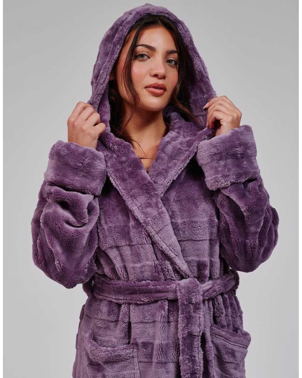 Loungeable Purple Embossed Stripe Luxury Fleece Maxi Hooded Dressing Gown