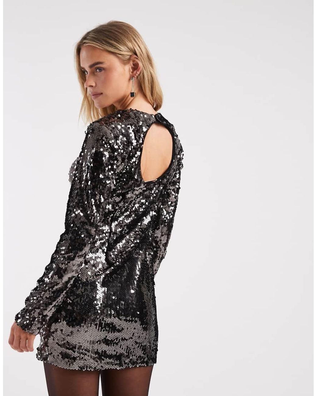 Only Petite Metallic Open Back Long Sleeve Sequin Mini Dress