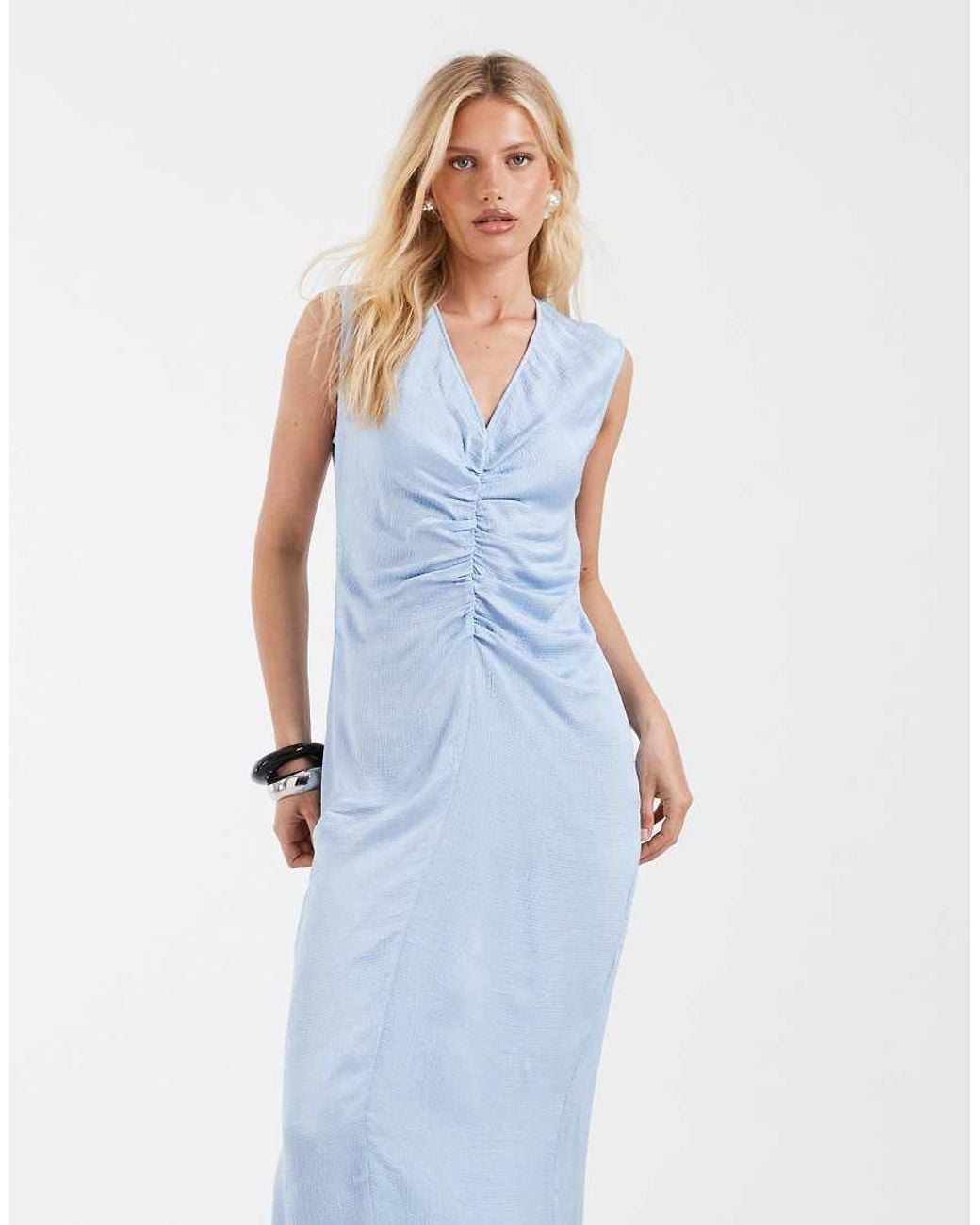 & Other Stories Blue Ruche Front Maxi Dress With V-neck
