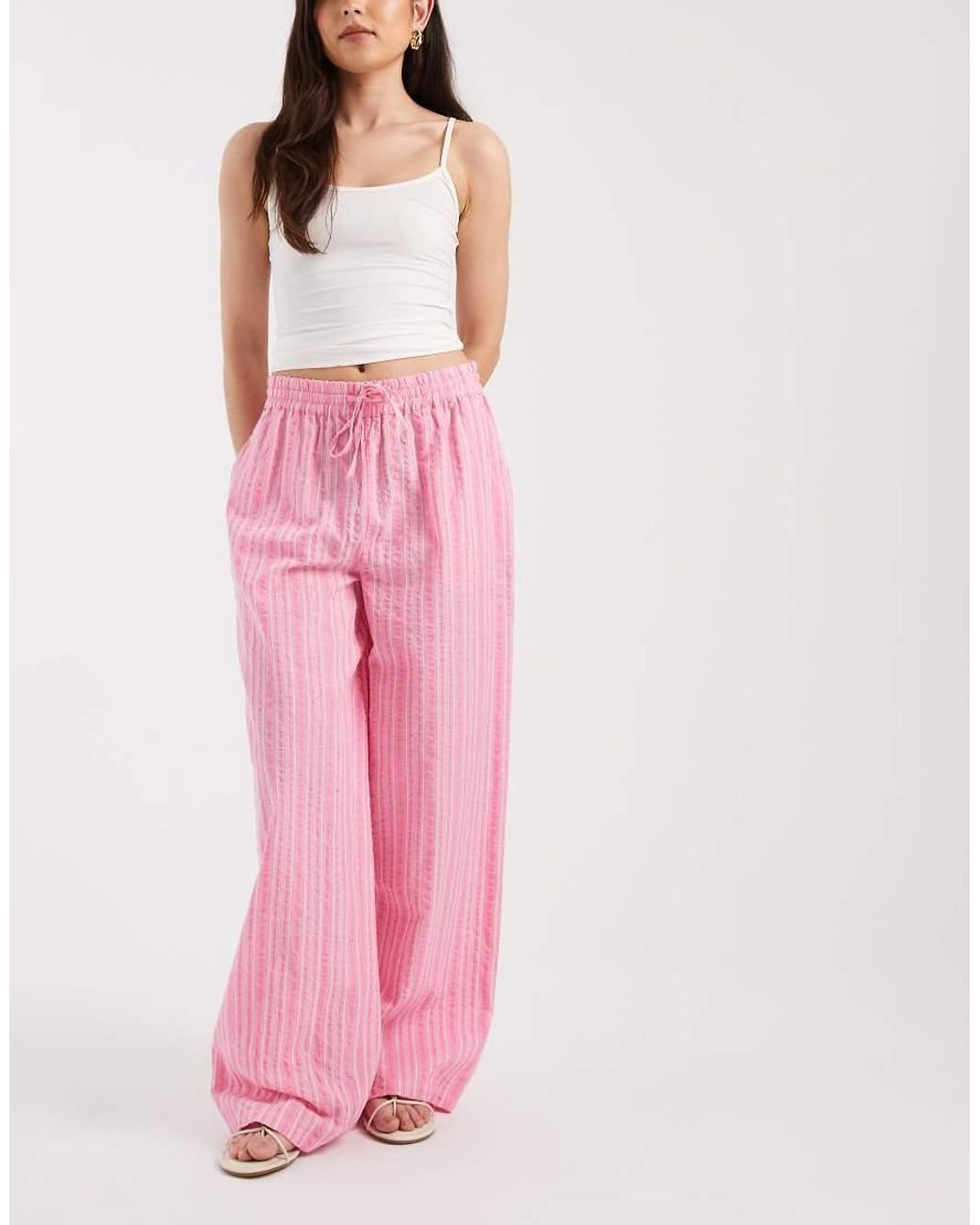Vero Moda Pink Cotton Seersucker Tie Waist Wide Leg Trouser
