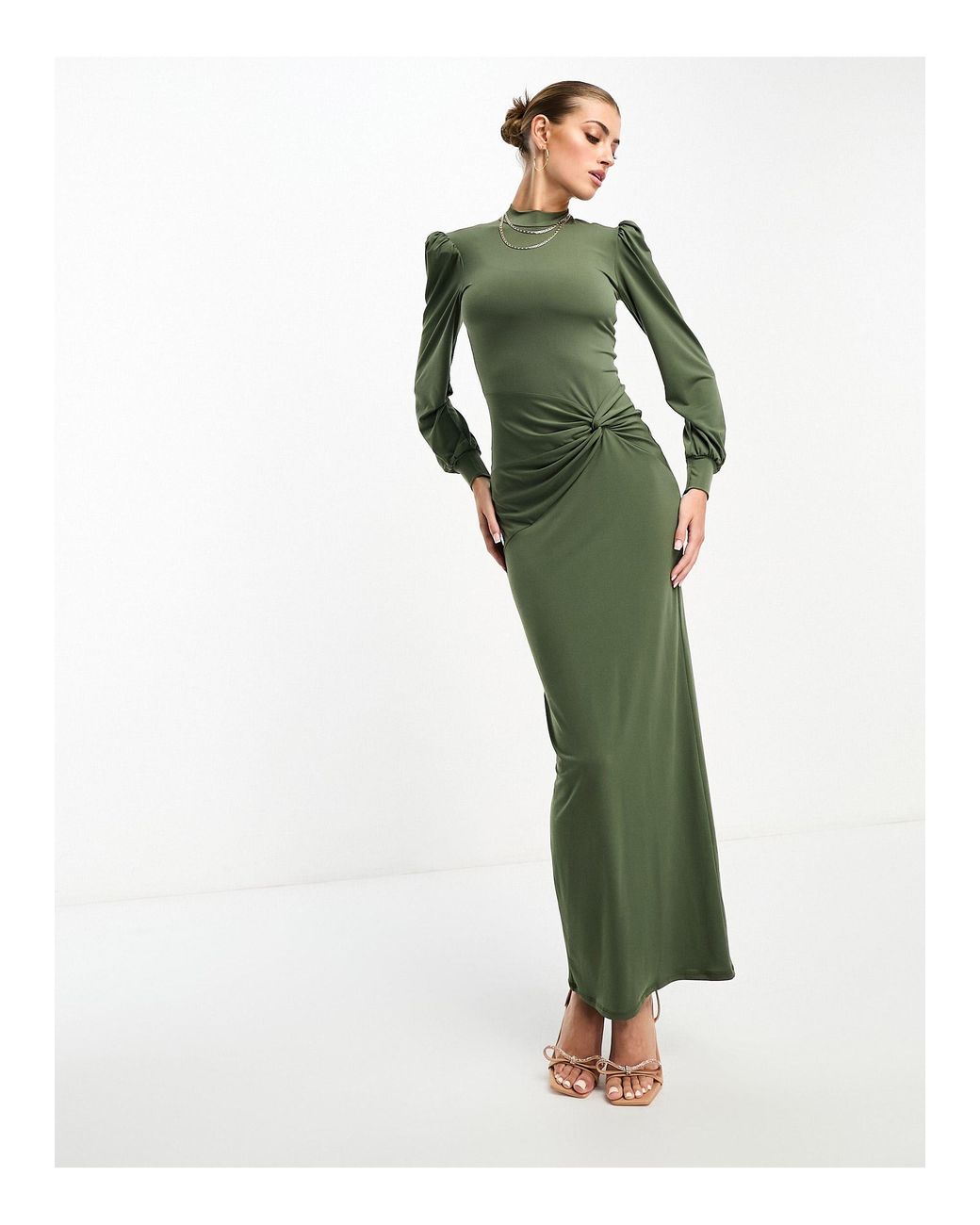 Flounce London High Neck Maxi Dress With Ruched Detail in Green