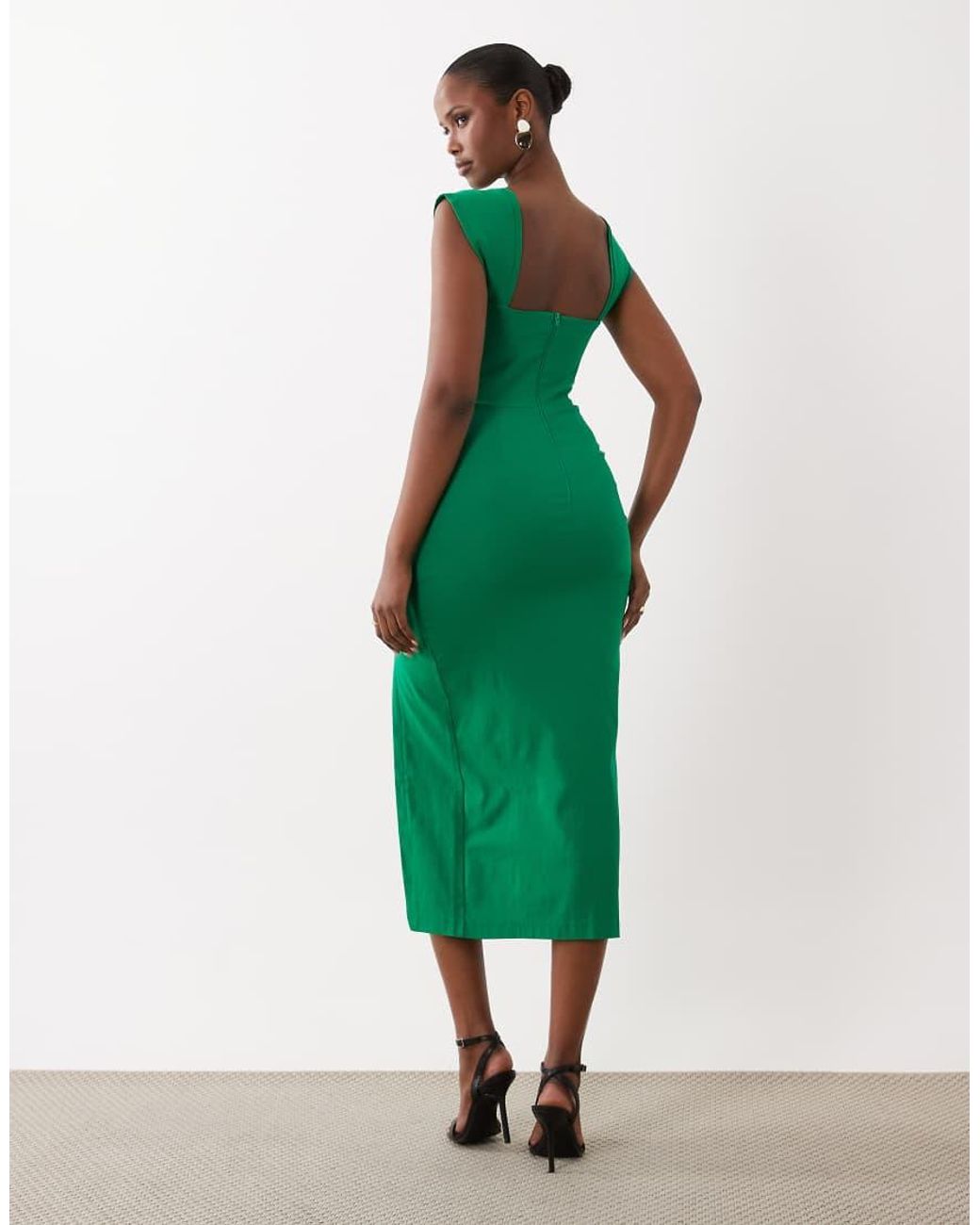 Vesper Green Bengaline Square Neck Thigh Split Midi Dress