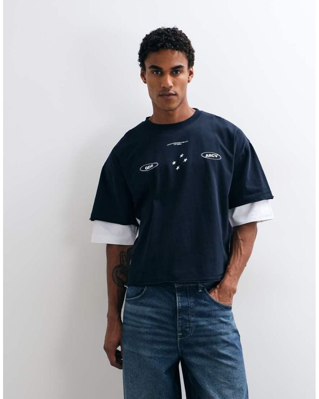ASOS Blue Boxy Oversized Double Layer Graphic Polo for men