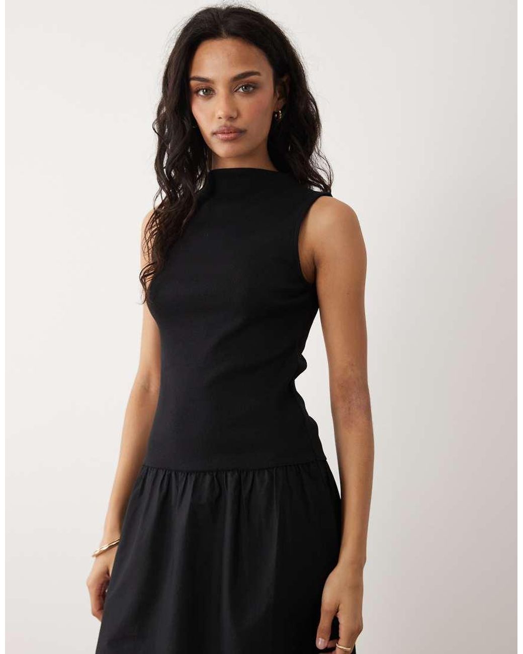 Mango Black Cotton Mix Racer Midi Dress