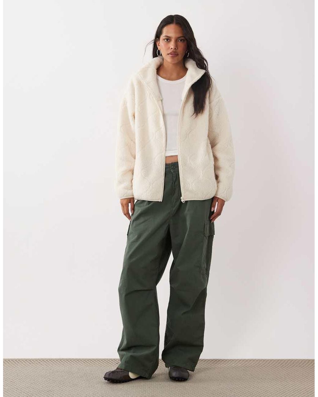 Brave Soul Natural Zip Through Fleece With Quilted Stitch Detail