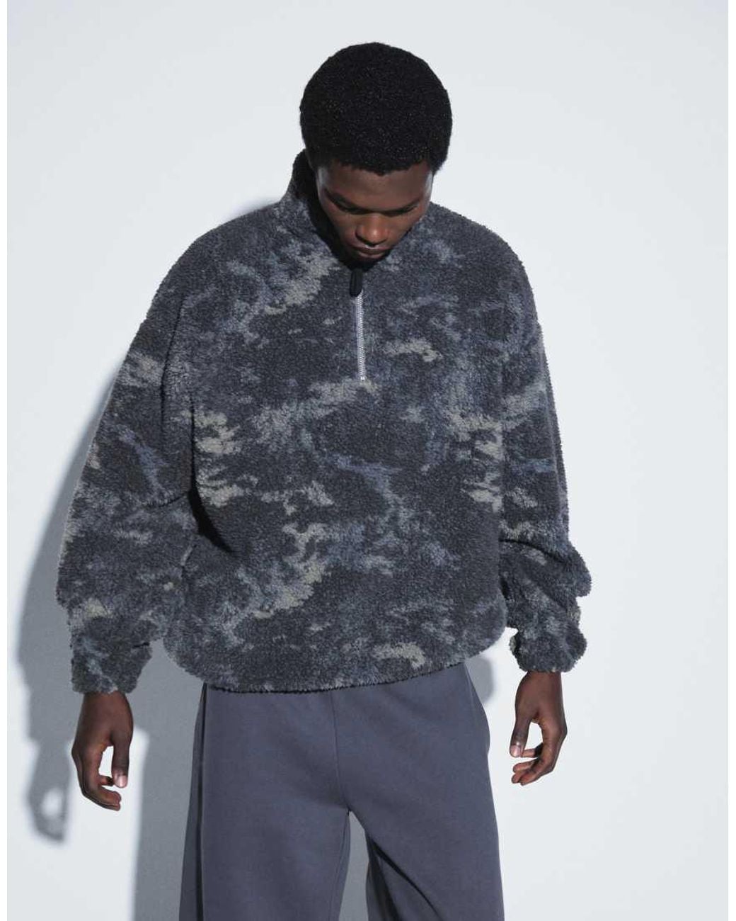 ASOS Blue Oversized Quarter Zip Borg With Camo Print for men