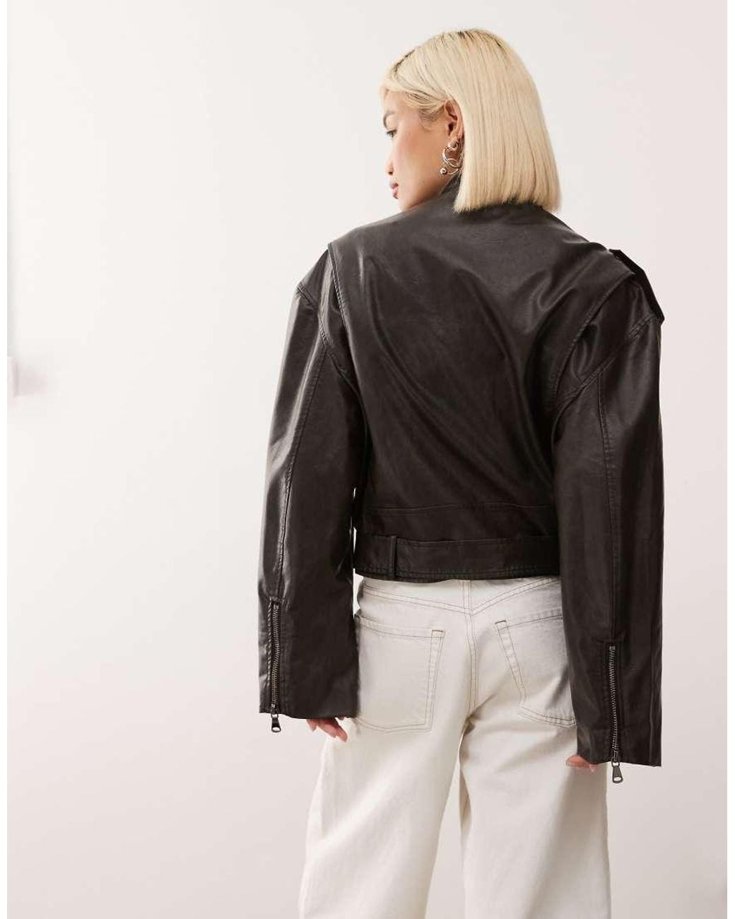 Lioness Black Driftwood Faux Leather Structured Wide Sleeve Buckle Detail Biker Jacket