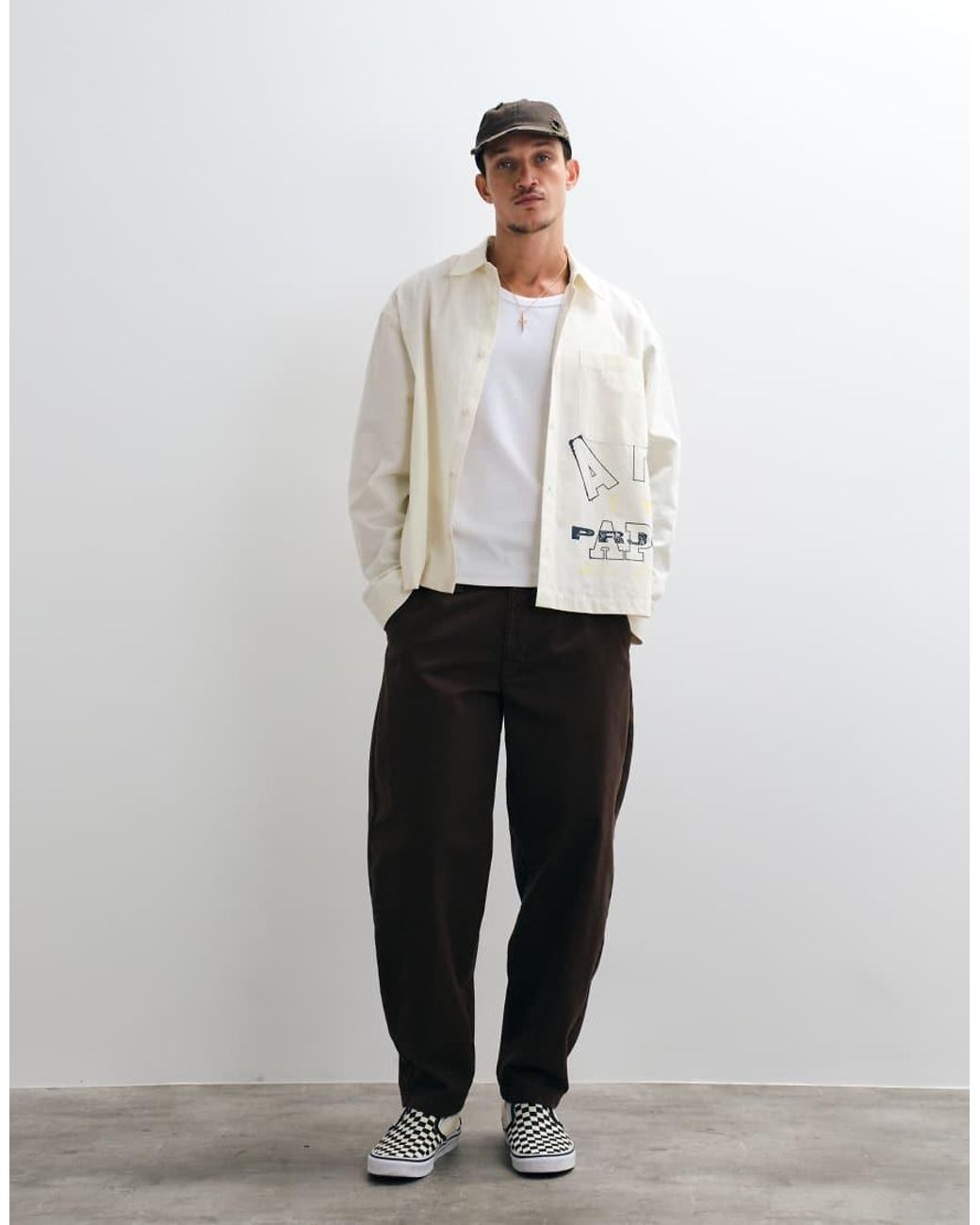 ASOS Natural Boxy Oversized Poplin Shirt With Placement Print for men