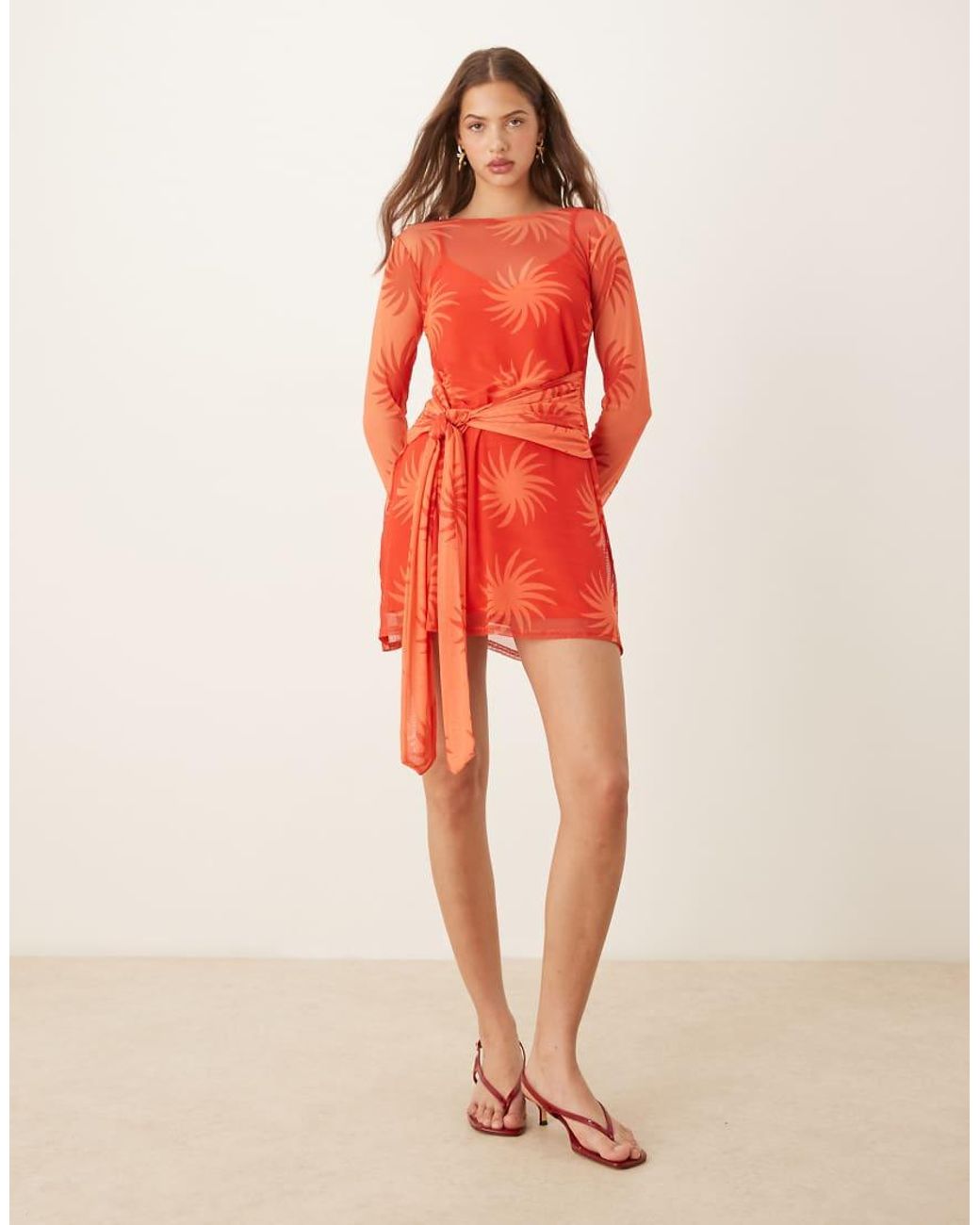 Never Fully Dressed Orange Long Sleeve Mesh Mini Dress