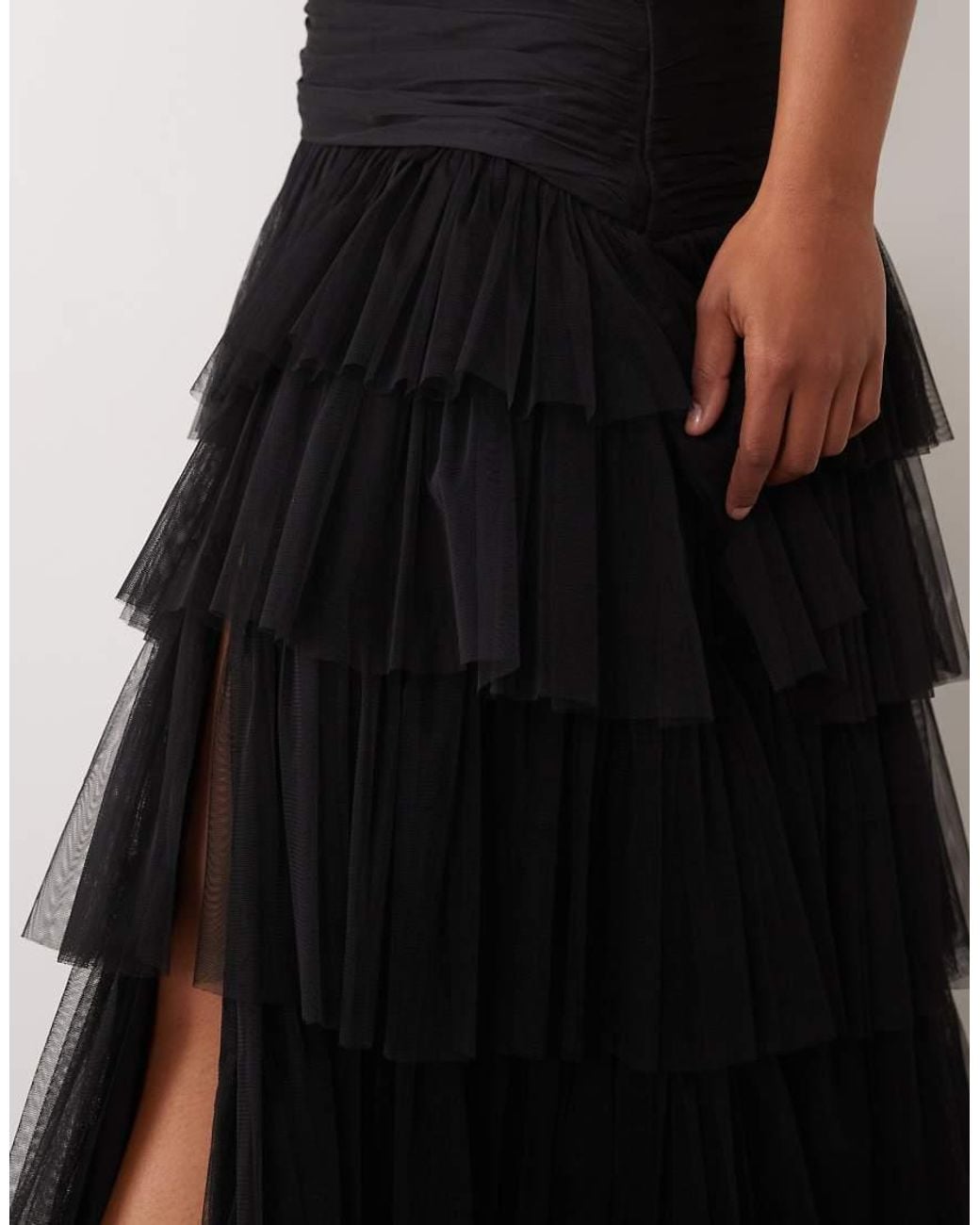 Lace & Beads Plus Black Tulle Fallen Shoulder Asymmetric Ruffle Detail Maxi Dress