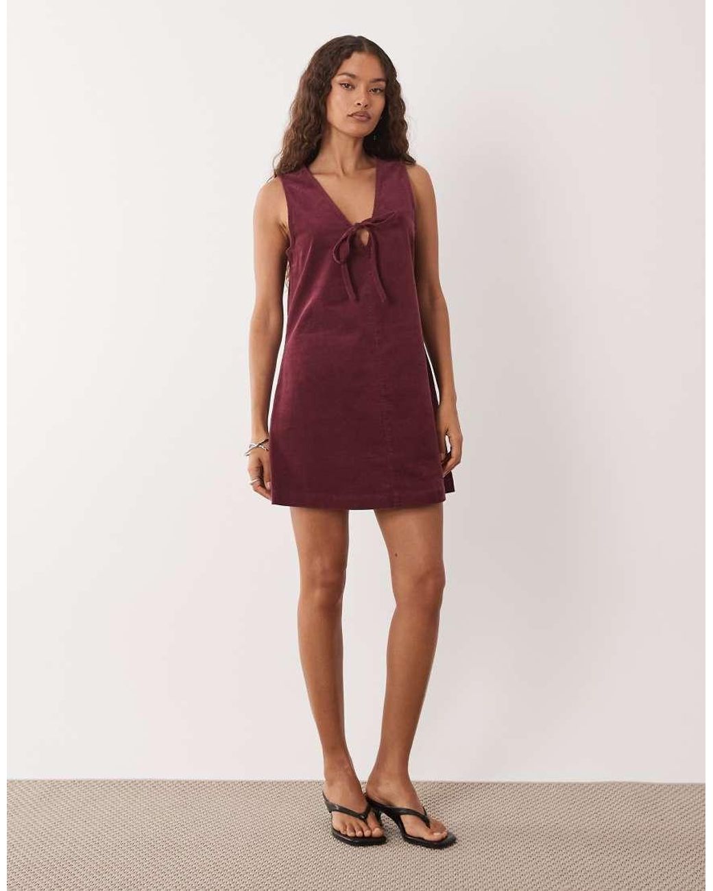 Nobody's Child Petite Red Nila Tie-Detail Cord Pinafore Mini Dress