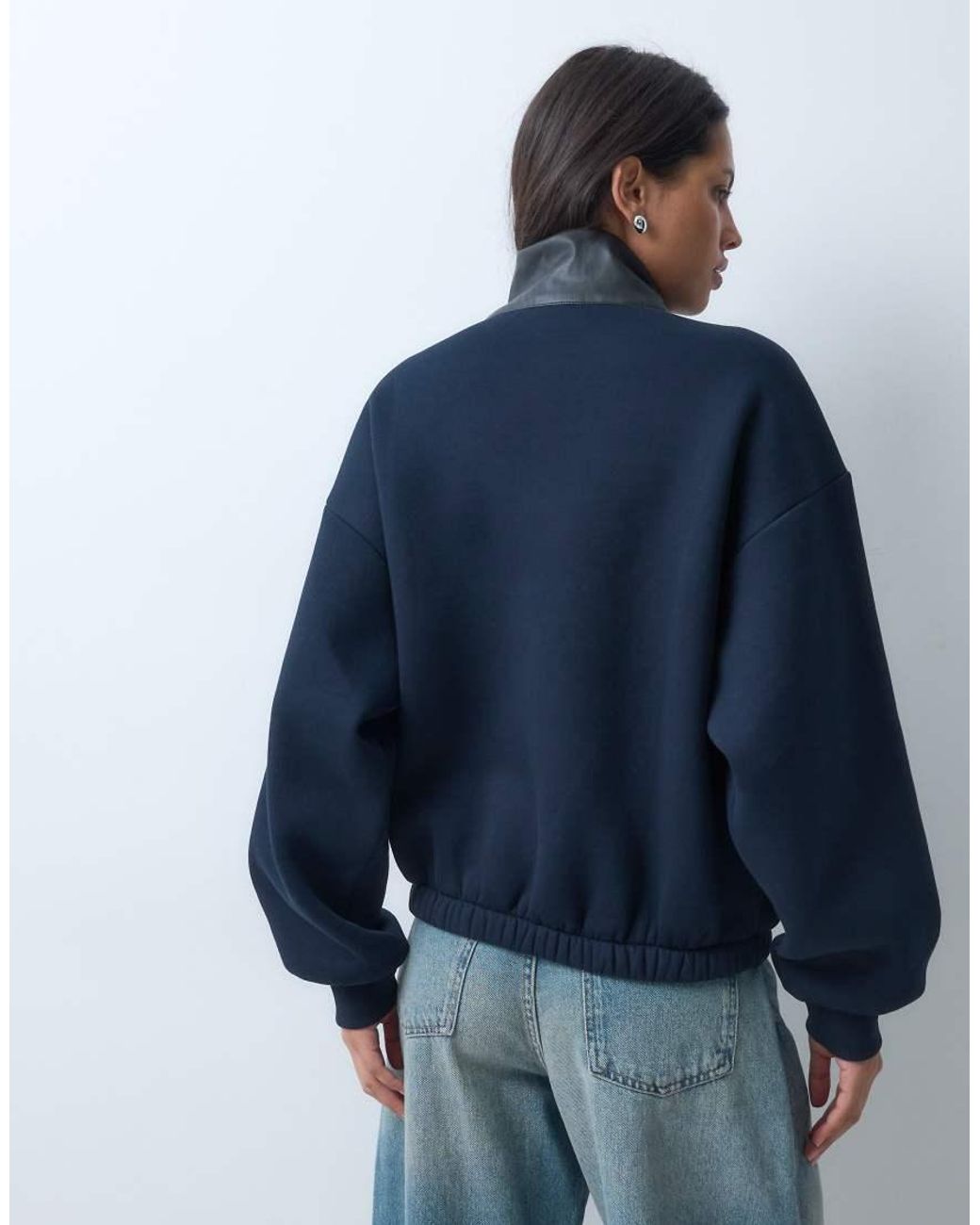 ASOS Blue Pu Detail Quarter Zip Sweatshirt
